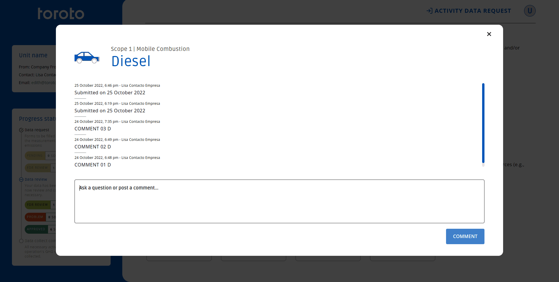 Modal to view notifications and manage comments