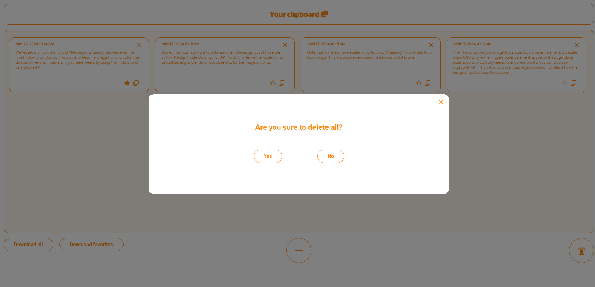 Modal to confirm delete all texts